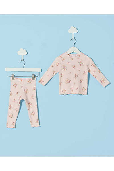 REDTAG Infant Girls Pink Floral Rib Pyjama Set