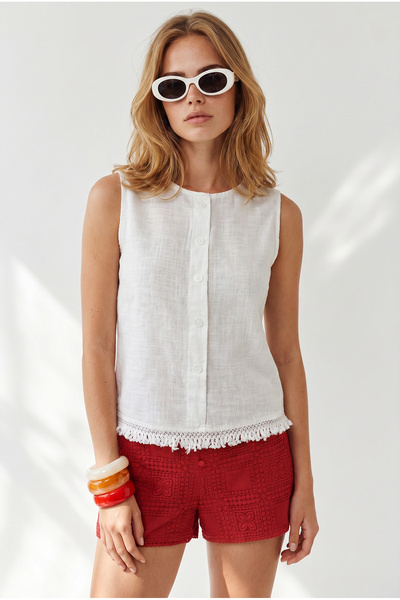 Olalook Women's White Accessory Buttoned Fringed Flam Cotton Blouse Blz-19003398
