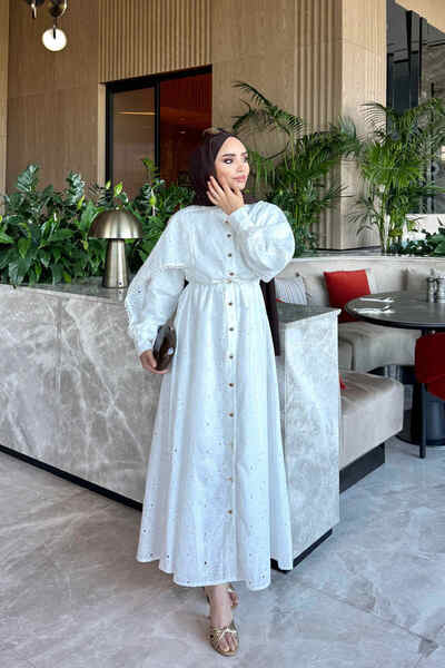 İmajButik White Sleeve Detailed Waist Tie Scallop Dress