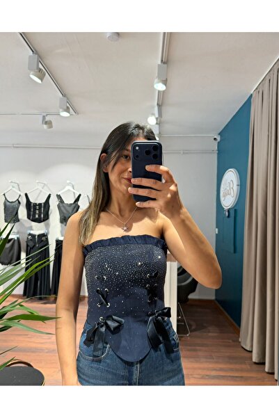 MODA Lacivert Işıltı Taş Detaylı Korse Bluz