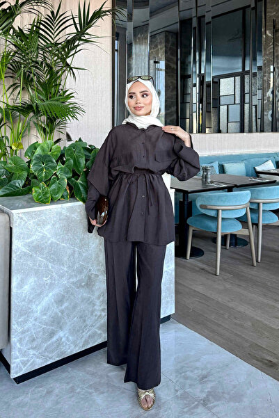 İmajButik Bitter Brown Waist-Tie Tunic and Trousers Set