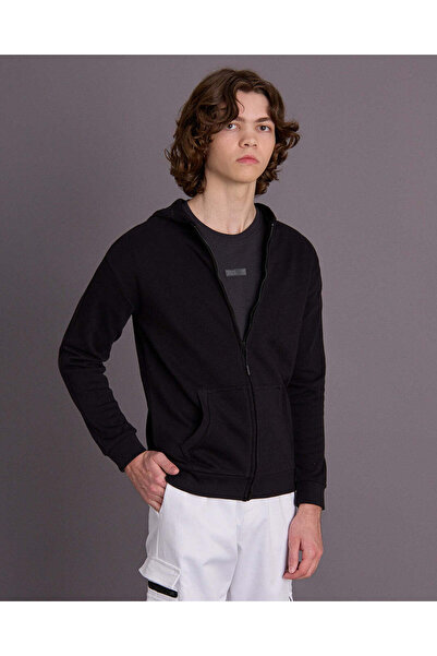 REDTAG Senior Boys Black Hooded Sweatshirt