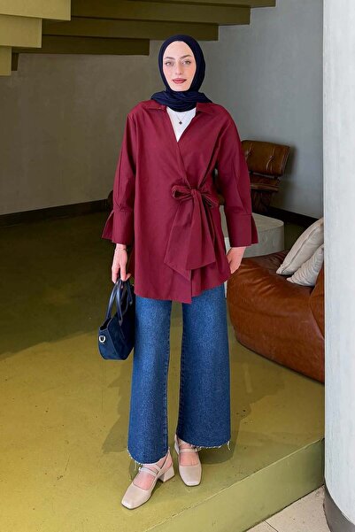 lamelif Tie-Dye Detailed Hijab Shirt Burgundy