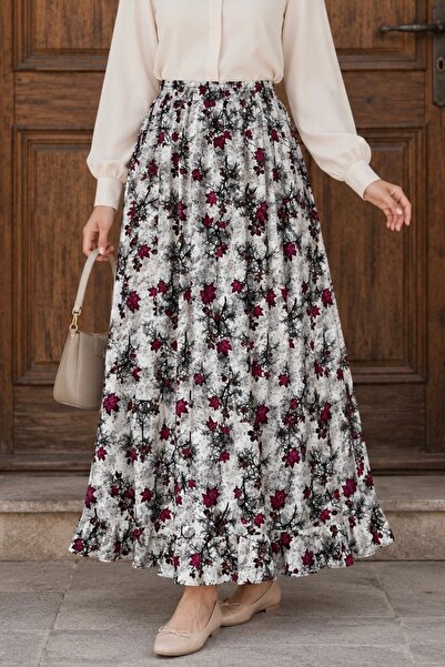 İmajButik Fuchsia Patterned Viscon Skirt with Elastic Waist
