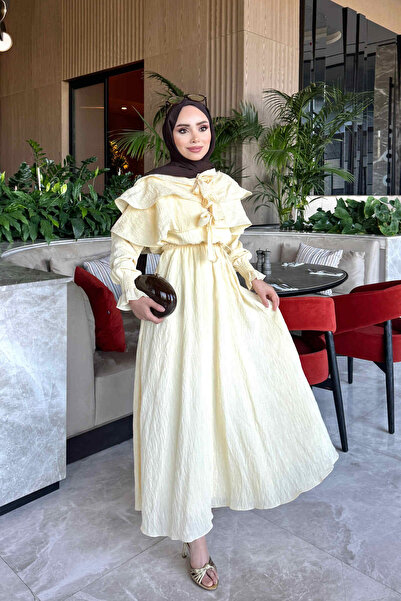 İmajButik Sarı Yaka Bağlamalı Katlı Elbise