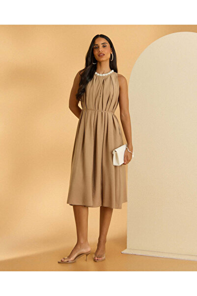 REDTAG Women Beige Sleeveless Midi Dress
