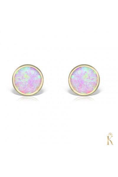 KALINI Protective Earrings, 14K Yellow Gold, Round with Pink Opal, 5 mm