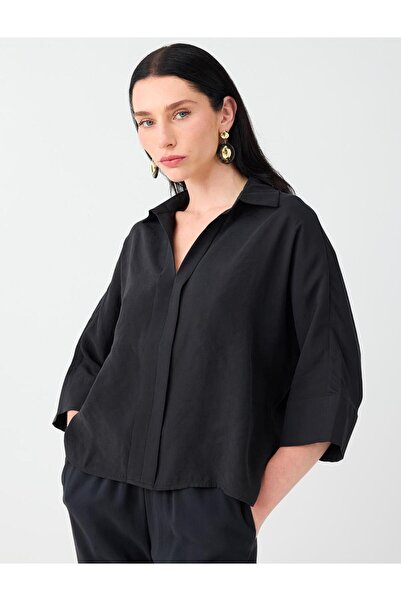 Jimmy Key Black Shirt Collar Three-Quarter Sleeve Modal Woven Blouse