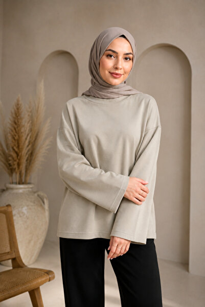 SADEL Bisiklet Yaka Detaylı Oversize Bluz - Taş