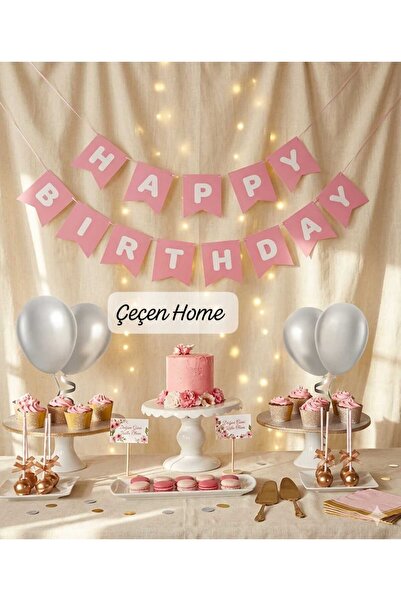 ÇEÇEN HOME Pink Colored Gilded Happy Birthday Lettering, Birthday Lettering w...
