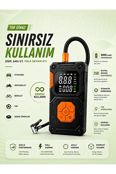 Dijital Göstergeli Led Işıklı Taşınabilir 5000mAh Araç Lastik Şişirme Hava Kompresörü