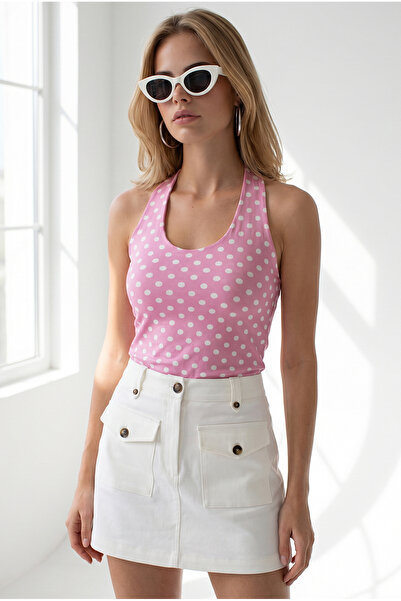 Olalook Women's Polka Dot Pink Halter Neck Double Layered Front Crop Blouse B...