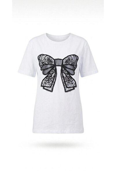 KOZİA OUTDOORS Women's Black Bow Print Oversized Crew Neck T-Shirt