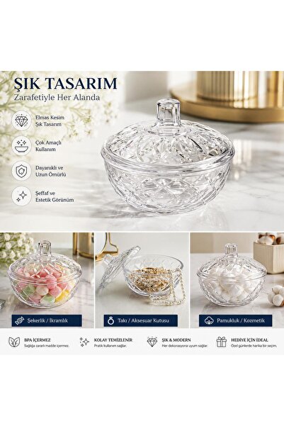 Yp Part Şeffaf Kristal Görünümlü Kapaklı Şekerlik Çok Amaçlı Takı ve Pamukluk...