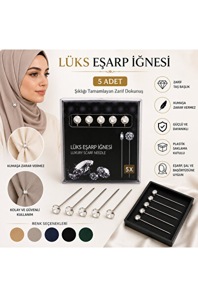 lawrenceshop 5 Adet Beyaz Taş Başlıklı Eşarp İğnesi Plastik Kutulu Şal Başört...