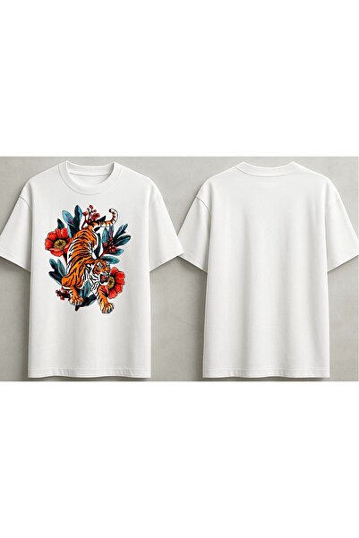 ELFERA Flower Patterned Tiger Printed Unisex T-Shirt