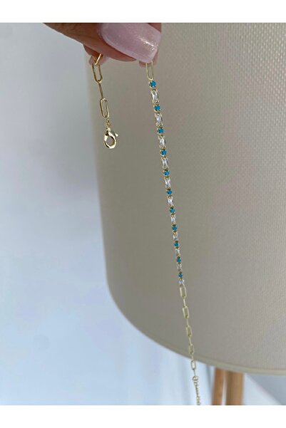 Bade Jewelry Fd Gold Blue Stone Detailed Tarnish-Resistant Steel Stylish Anklet