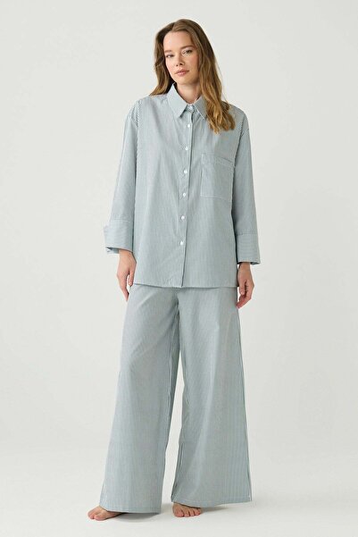 C&City Dayjamas Striped Shirt Pants Set Green
