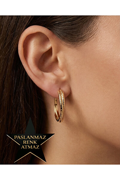 XUPING JEWELRY Xuping 14K Altın Renginde Çizgili İri Halka Kararmaz Kadın Küpe