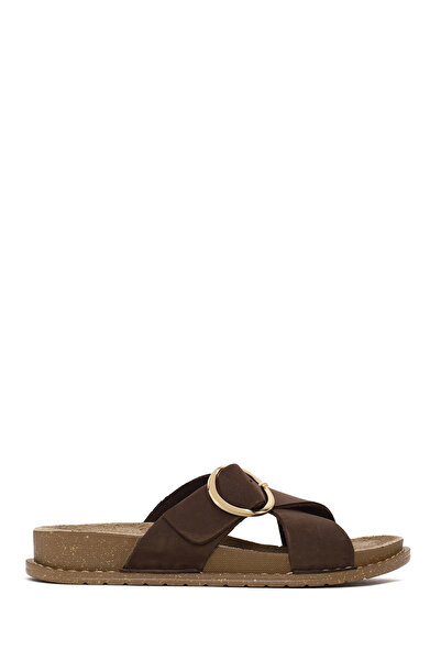 Derimod Women's Brown Buckle Suede Leather Slippers 26Sfd5022V3