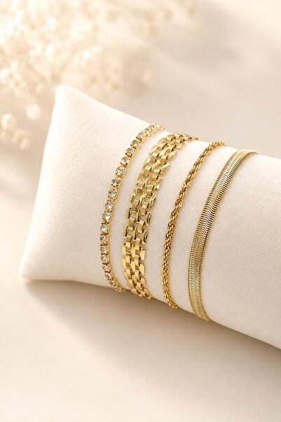 Crc Bijuteri Gold Color Italian Chain Detailed Colorfast 4-Piece Women's Brac...