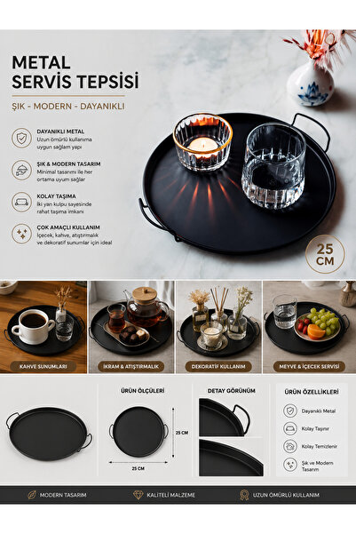 PALU GASTRO Metal Matte Black Serving Tray 25 cm Round with Handles Coffee an...