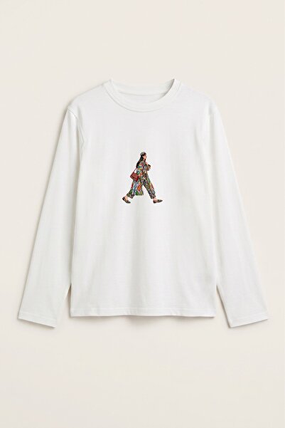 GIA - ART Women's Long Sleeve T-Shirt Ethnic Walking Print White – Stretchy F...