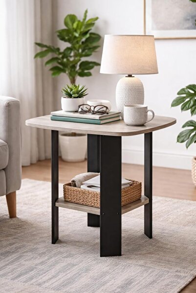 horoof home Rustic Wooden End Table - 50x50x49 cm, gray & black Finish - Mode...