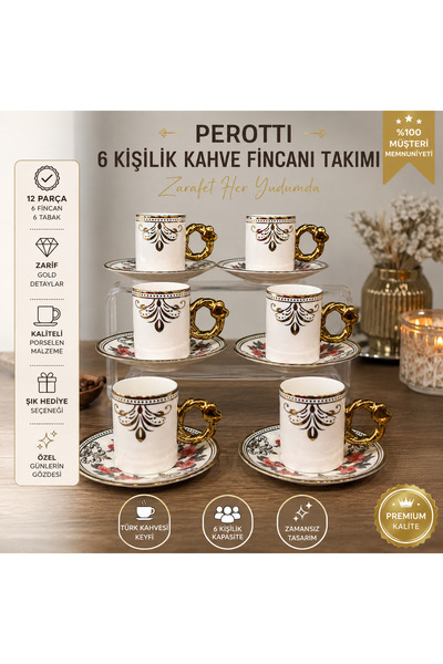 Store 6 Kişilik Porselen Kahve Fincanı Takımı Altın Detaylı Türk Kahvesi Seti...
