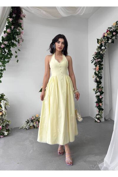 YURELİ Sırt Dekolteli Poplin Uzun Elbise
