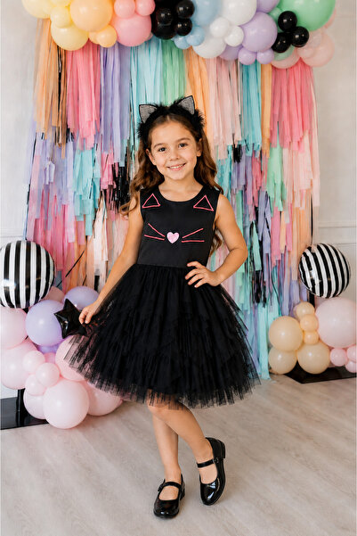 Lindissima Girl's Stone Embroidered Cat-Themed Dress with Tulle Skirt and Cot...