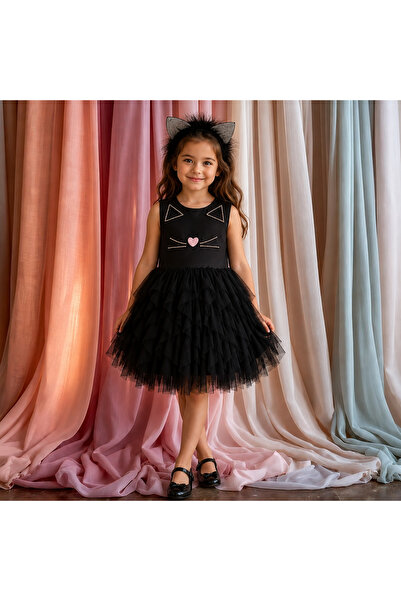 Lindissima Girl's Stone Embroidered Cat-Themed Dress with Tulle Skirt and Cot...