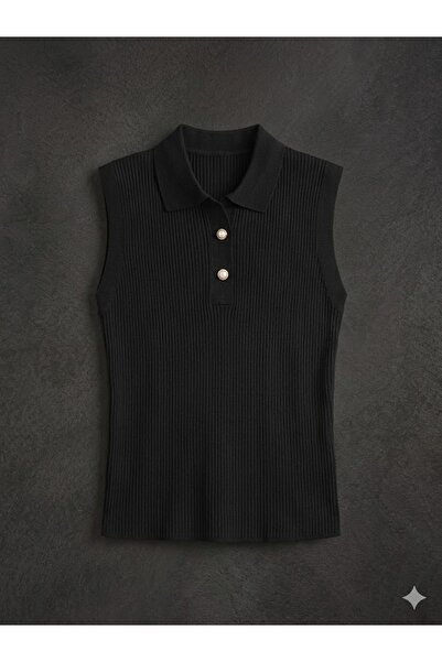 SARE MAISON Standard Size, Pearl Button Detail, Polo Collar Sleeveless Ribbed...