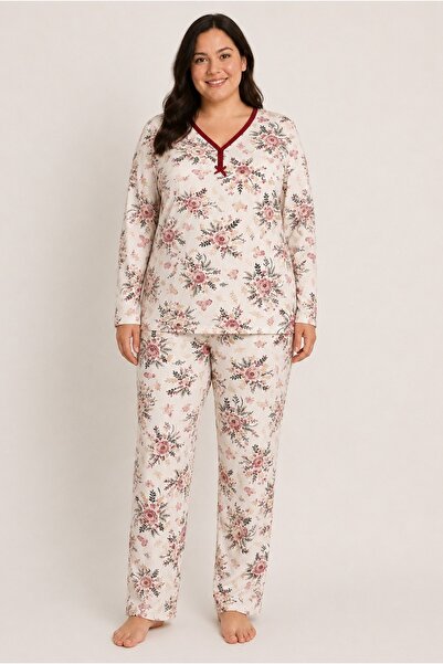 CottonVia Mother's Pajama Set, Ribbed V-Neck, Floral Pattern, Long Sleeve, 10...
