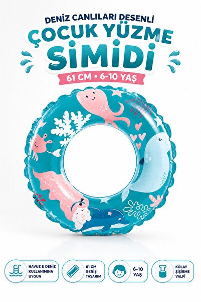 YILDIRIM OYUNCAK Deniz Canlıları Desenli Çocuk Yüzme Simidi 61cm – 6–10 Yaş H...