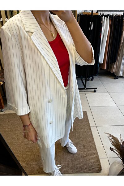 MODEL Dlvn- Çizgili Kimono Blazer Ceket