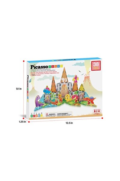 PicassoTiles Πλακίδια Πικάσο Δεινόσαυροι, μαγνητικά, σετ κατασκευής, 38 τεμάχια