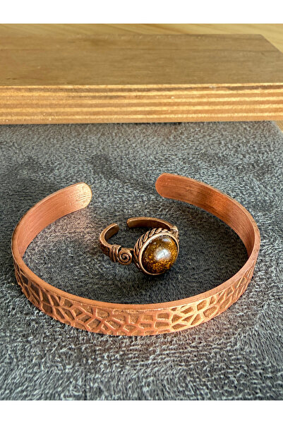 Rupen Kraft Handcrafted copper bracelet and natural stone ring set, adjustabl...