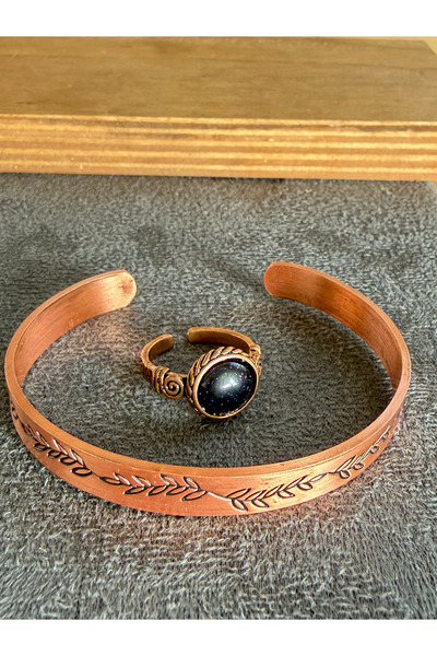Rupen Kraft Handcrafted copper bracelet and natural stone ring set, adjustabl...