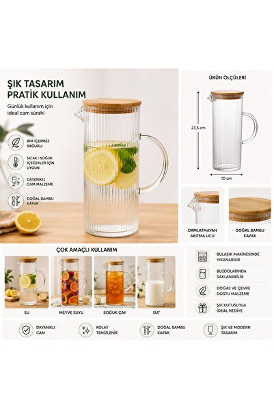 Markasız ucuz Bambu Kapaklı Cam Sürahi 1500 ml Isıya Dayanıklı Su Limonata ve...