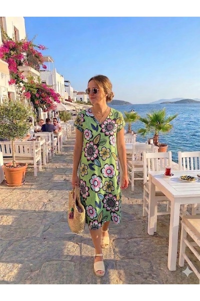 AYASOFYA OTANTIK Women's Ethnic Patterned Short Sleeve Midi Dress
