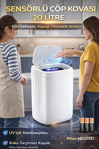 Genel Markalar Akıllı Teknolojik Sensörlü Otomatik Açılan Kapak 20 Litre Çöp ...