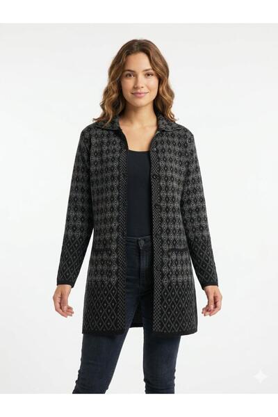 MADAM PARS Women's Black and White Diamond Patterned Buttoned Long Knitwear C...