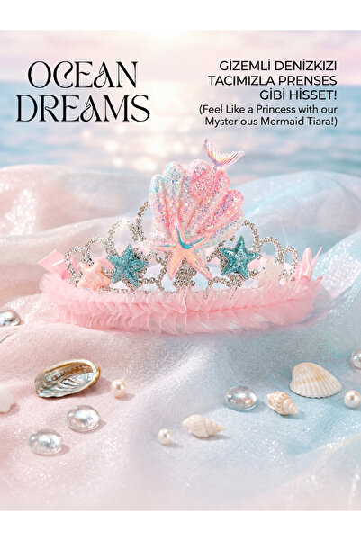 icha Ocean Dreams Deniz Kızı Taç Kız Çocuk Prenses Tacı Pembe Simli Deniz Tem...