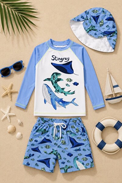 DeKuBaby New Season Character Patterned Children's Swimsuit Set with Sun Prot...