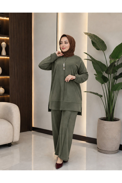 Esra Butik78 Pike Kumaş Tesettür Pantolonlu Takım Büyük Beden Rahat Kalıp Uzu...