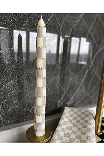 Hatice sakallı design 1 Adet Gri Damalı Gold Detaylı Şamdan mum