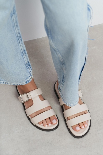 NİŞANTAŞI SHOES Spirit Beige Matte Belt Buckle Detailed Flat Sole Women's Slippers
