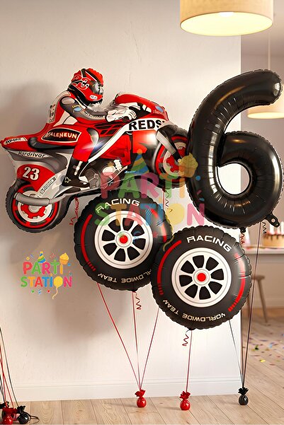 Parti Station Motor Temalı 6 Yaş Folyo Balon Seti 4 Parça Motosiklet Doğum Gü...