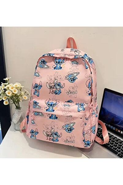 wafra store حقيبة ظهر مدرسية للبنات بلون وردي وطبعة شخصية ستيتش (Stitch) الكر...